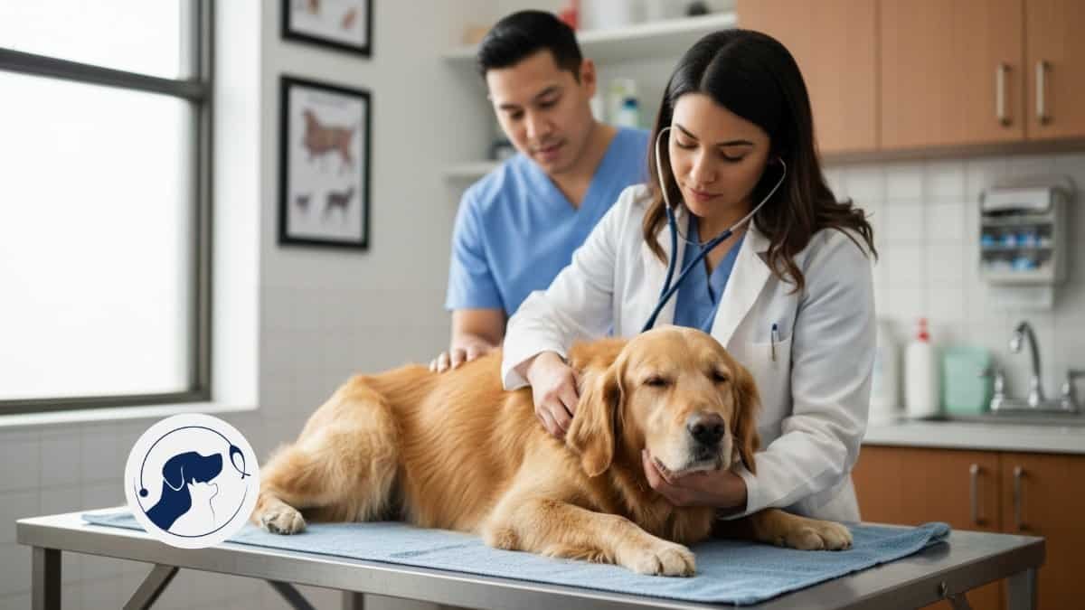 Veterinaria realiza chequeo preventivo de salud a perro de raza golden