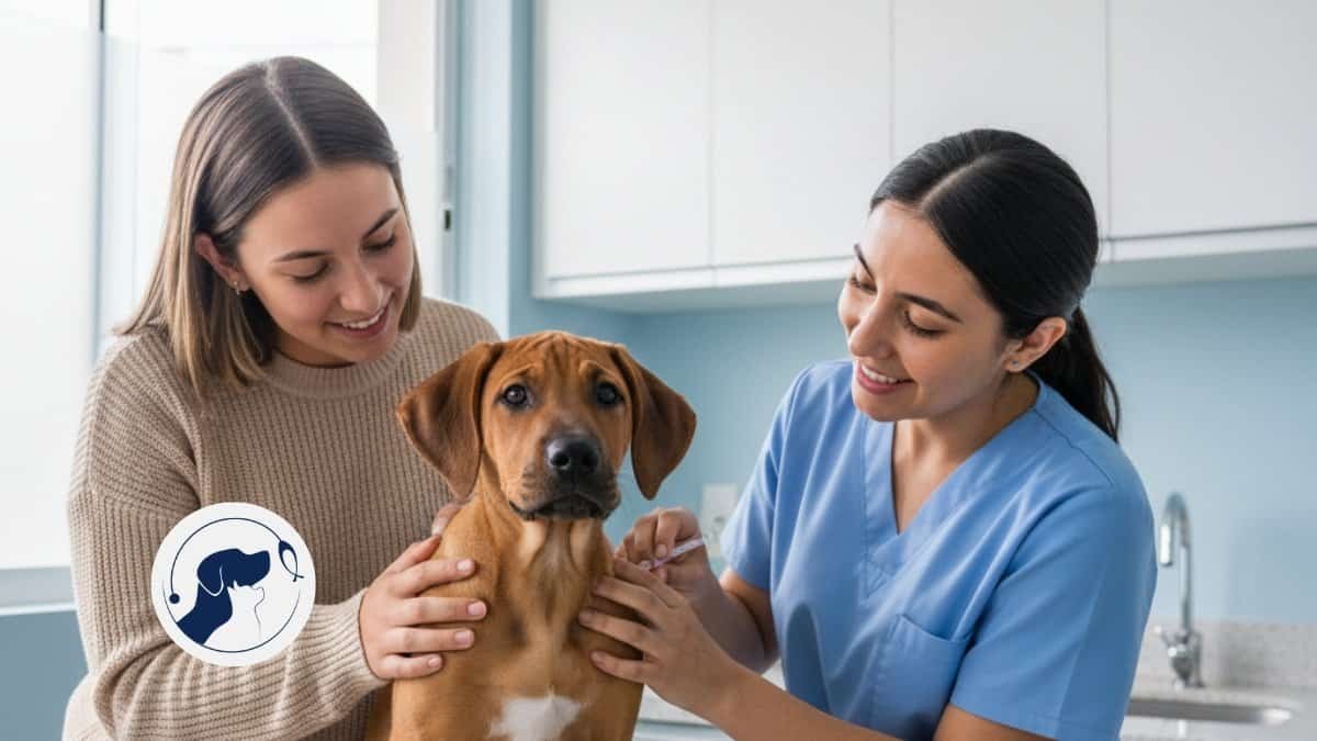Cachorro Rhodesian Ridgeback recibiendo vacuna preventiva en clínica veterinaria de Bogotá con dueña y veterinaria